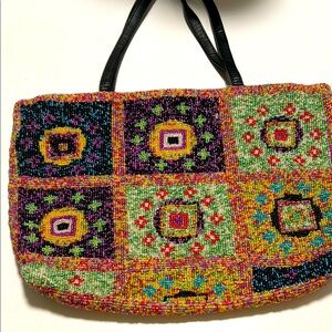 Vibrant Geometric Patterned Tote Bag with Black Straps